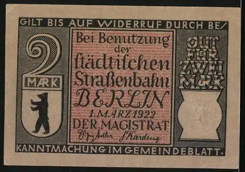 Notgeld Berlin 1922, 2 Mark, Verkehr am Hallischen Tor und Nutzung städtischer Strassenbahn