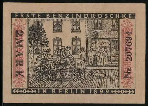 Notgeld Berlin 1922, 2 Mark, Erste Benzindroschke in Berlin und Nutzung der städtischen Strassenbahn 1922