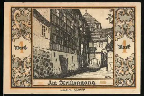 Notgeld Belgard, 1920, 1 Mark, Am Strillengang, Stadtansicht und Wappen der Stadt Belgard