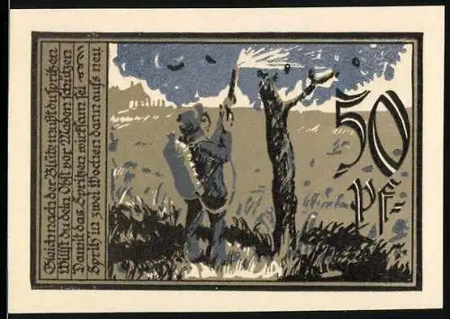 Notgeld Aschersleben 1921, 50 Pf, Mann mit Axt und Baum, Stadtwappentafel und Text