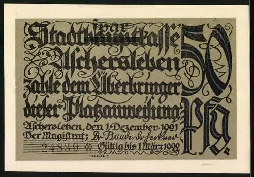 Notgeld Aschersleben 1921, 50 Pf, Mann mit Axt und Baum, Stadtwappentafel und Text