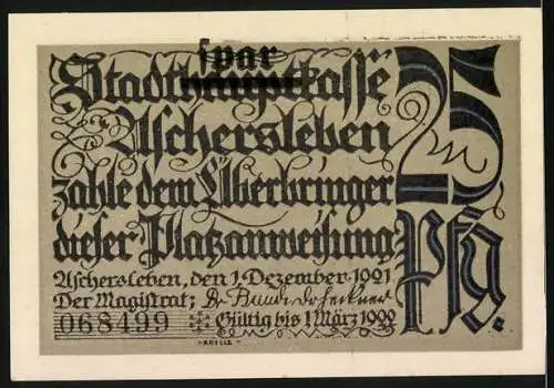 Notgeld Aschersleben 1921, 25 Pfennig, Stadtansicht und Kalligrafie