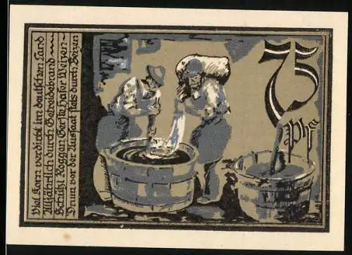 Notgeld Aschersleben 1921, 75 Pfennig, zwei Personen bei der Arbeit an einem Bottich, Rückseite mit Inschrift