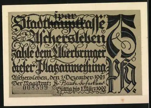 Notgeld Aschersleben 1921, 75 Pfennig, zwei Personen bei der Arbeit an einem Bottich, Rückseite mit Inschrift