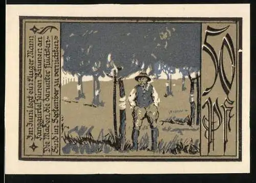 Notgeld Aschersleben, 1921, 50 Pf, Obstgärtner und kalligraphischer Text