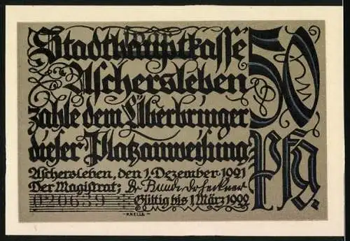 Notgeld Aschersleben, 1921, 50 Pf, Obstgärtner und kalligraphischer Text