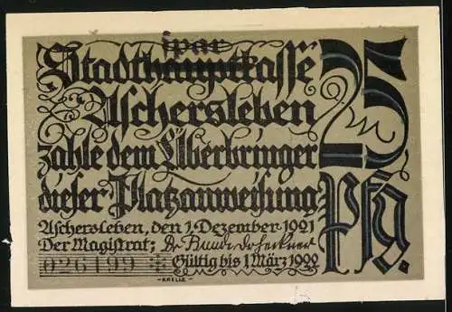 Notgeld Aschersleben, 1921, 25 Pf, zwei Biber in der Natur, Gültigkeit bis März 1922