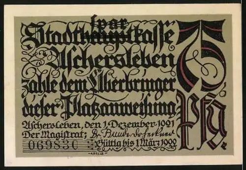 Notgeld Aschersleben, 1921, 75 Pfennig, Darstellung der Bollhorstrasse und Stadtwappen