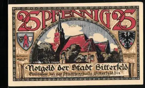 Notgeld Bitterfeld, 1921, 25 Pfennig, Kapelle und Stadtbrand von 1473