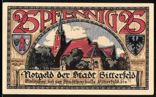 Notgeld Bitterfeld 1921, 25 Pfennig, Kirche und Stadtwappen, Rückseite mit Jahreszahl 1473 und Bergbausymbolen