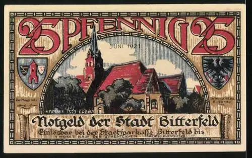 Notgeld Bitterfeld, 1921, 25 Pfennig, Stadtansicht und historische Darstellung