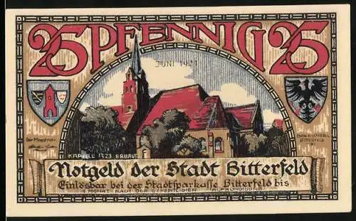 Notgeld Bitterfeld 1921, 25 Pfennig, Stadtansicht mit Kirche, Brand um 1473