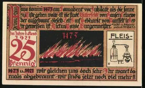 Notgeld Bitterfeld 1921, 25 Pfennig, Stadtansicht mit Kirche, Brand um 1473