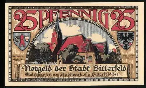 Notgeld Bitterfeld 1921, 25 Pfennig, Abbildung der Stadtkirche und Text zur Stadtgeschichte