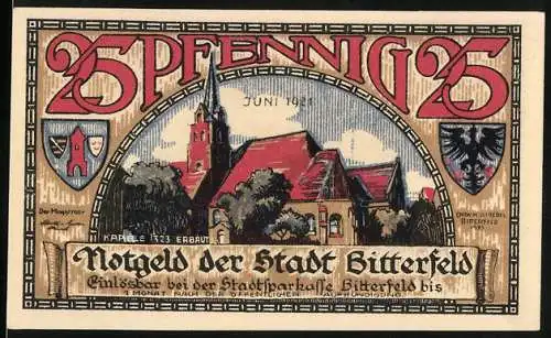 Notgeld Bitterfeld 1921, 25 Pfennig, Stadtansicht mit Kirche und historisches Ereignis 1473