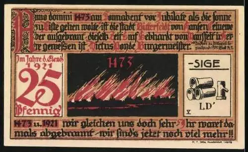 Notgeld Bitterfeld 1921, 25 Pfennig, Stadtansicht mit Kirche und historisches Ereignis 1473