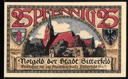 Notgeld Bitterfeld, 1921, 25 Pfennig, Stadtansicht Kapelle und historische Inschrift auf Rückseite