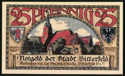 Notgeld Bitterfeld, 1921, 25 Pfennig, Stadtansicht mit Kirche und historischem Text über den Stadtbrand von 1473