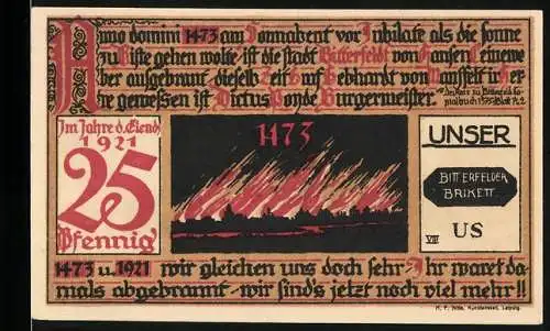 Notgeld Bitterfeld 1921, 25 Pfennig, Illustration der Stadt und Feuerwehr-Einsatz