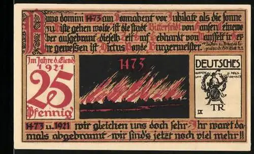 Notgeld Bitterfeld 1921, 25 Pfennig, Stadtansicht und historisches Feuer 1473