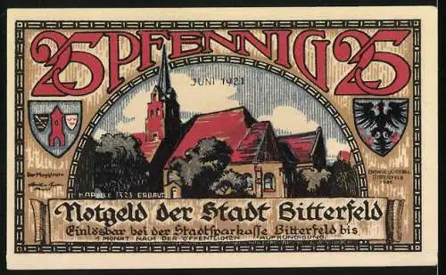 Notgeld Bitterfeld 1921, 25 Pfennig, Stadtansicht und historisches Feuer 1473