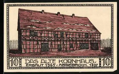 Notgeld Bitterfeld 1921, 10 Pfennig, Ansicht des alten Kornhauses und Stadtansicht mit Kirche