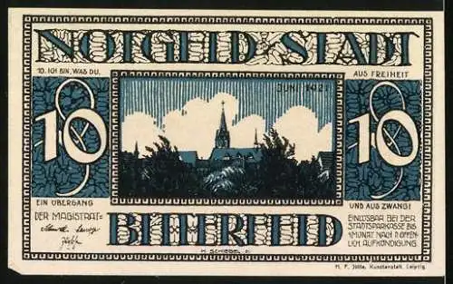 Notgeld Bitterfeld 1921, 10 Pfennig, Ansicht des alten Kornhauses und Stadtansicht mit Kirche