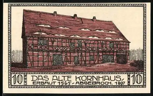 Notgeld Bitterfeld 1918, 10 Pfennig, Das alte Kornhaus und Stadtansicht mit Kirche