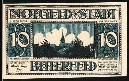 Notgeld Bitterfeld 1921, 10 Pfennig, Stadtsilhouette und altes Kornhaus