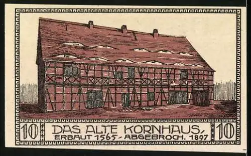 Notgeld Bitterfeld 1921, 10 Pfennig, Stadtsilhouette und altes Kornhaus