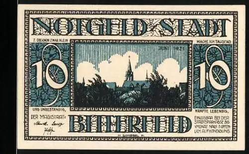 Notgeld Bitterfeld, 1921, 10 Mark, Vorderseite Stadtansicht und Rückseite altes Kornhaus