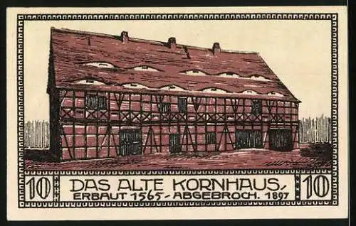 Notgeld Bitterfeld, 1921, 10 Mark, Vorderseite Stadtansicht und Rückseite altes Kornhaus