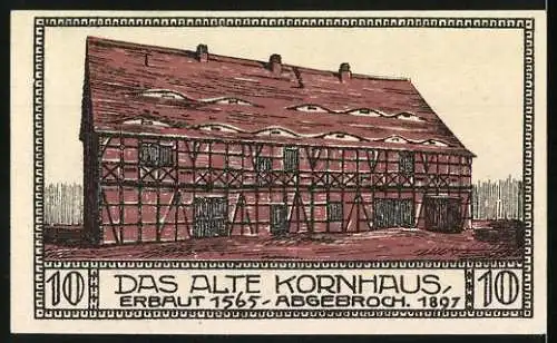 Notgeld Bitterfeld 10 Pfennig, Stadtansicht und altes Kornhaus, erbaut 1565 - abgebrochen 1897