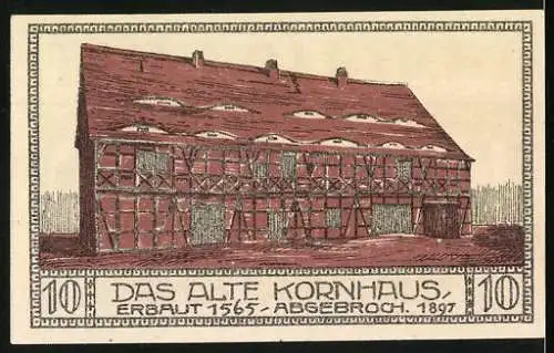 Notgeld Bitterfeld 10 Pfennig, Stadtansicht mit Kirche und altes Kornhaus erbaut 1565 abgebrochen 1897