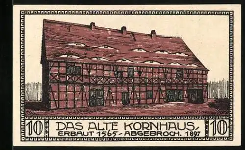 Notgeld Bitterfeld 1921, 10 Pfennig, Das alte Kornhaus und Stadtansicht mit Kirche