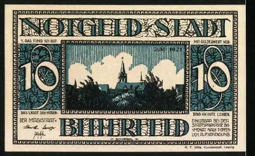 Notgeld Bitterfeld 1921, 10 Pfennig, Das alte Kornhaus und Stadtansicht mit Kirche