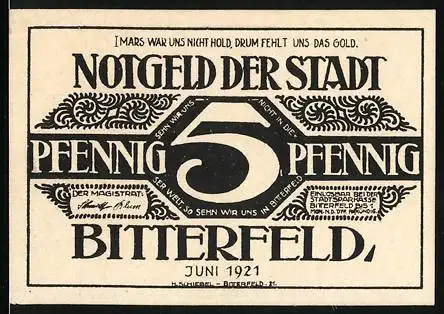 Notgeld Bitterfeld, Juni 1921, 5 Pfennig, schwarz-weiss mit floralen Mustern und Spruch