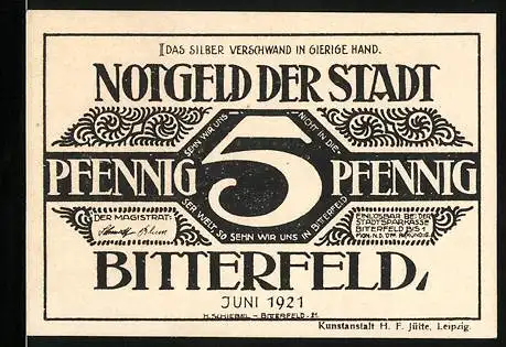 Notgeld Bitterfeld, 1921, 5 Pfennig, Stadt der Bitterfeld mit dekorativem Design
