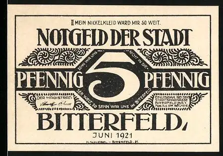 Notgeld Bitterfeld, 1921, 5 Pfennig, Mein Nickelkleid Ward Mir So Weit