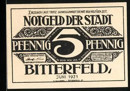 Notgeld Bitterfeld, 1921, 5 Pfennig, Schwarz-Weiss Design mit Schriftzug und Ornamenten