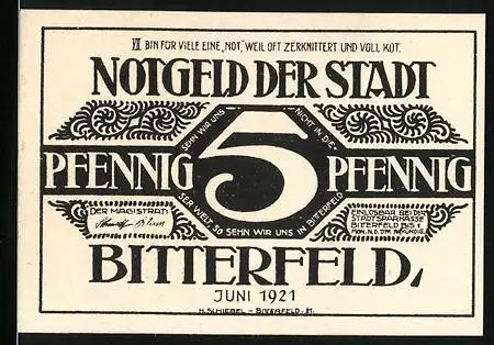 Notgeld Bitterfeld, Juni 1921, 5 Pfennig, Stadt Bitterfeld, dekoratives Design