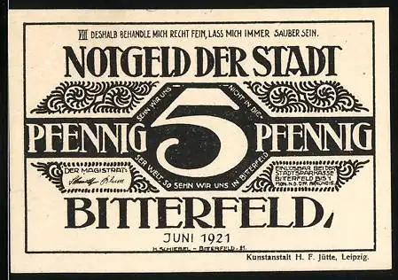 Notgeld Bitterfeld, Juni 1921, 5 Pfennig, kunstvolles Design mit Ornamenten und Text