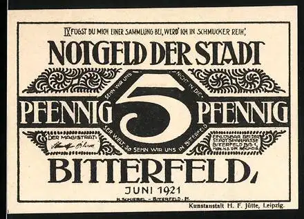 Notgeld Bitterfeld, 1921, 5 Pfennig, Kunstanstalt H.F. Jütte Leipzig