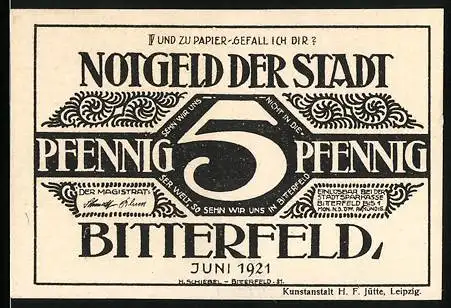 Notgeld Bitterfeld, 1921, 5 Pfennig, Kunstanstalt H. F. Jütte, Leipzig