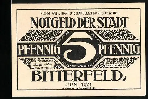 Notgeld Bitterfeld, 1921, 5 Pfennig, Stadt Bitterfeld mit dekorativem Muster und Spruch