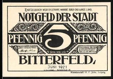 Notgeld Bitterfeld, 1921, 5 Pfennig, Kunstanstalt H. F. Jütte Leipzig