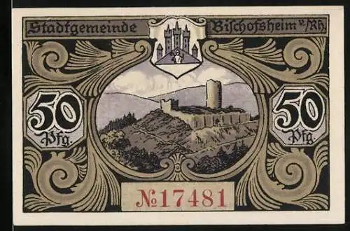 Notgeld Bischofsheim, 1921, 50 Pfennig, historische Burgansicht, grün-schwarzes Design