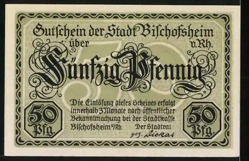 Notgeld Bischofsheim, 1921, 50 Pfennig, historische Burgansicht, grün-schwarzes Design