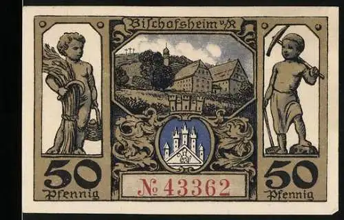 Notgeld Bischofsheim, 50 Pfennig, Erntearbeiter und Gebäude, Serienschein Nr. 43362