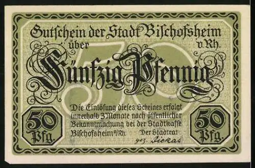 Notgeld Bischofsheim, 50 Pfennig, Erntearbeiter und Gebäude, Serienschein Nr. 43362